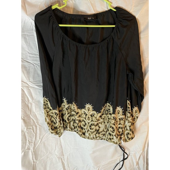 Style and Co Black Banded Bottom Peasant Blouse Top Shirt Size M - Picture 1 of 6